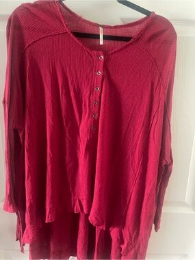 Free People Raspberry Red Henley Waffle Long Sleeve Top